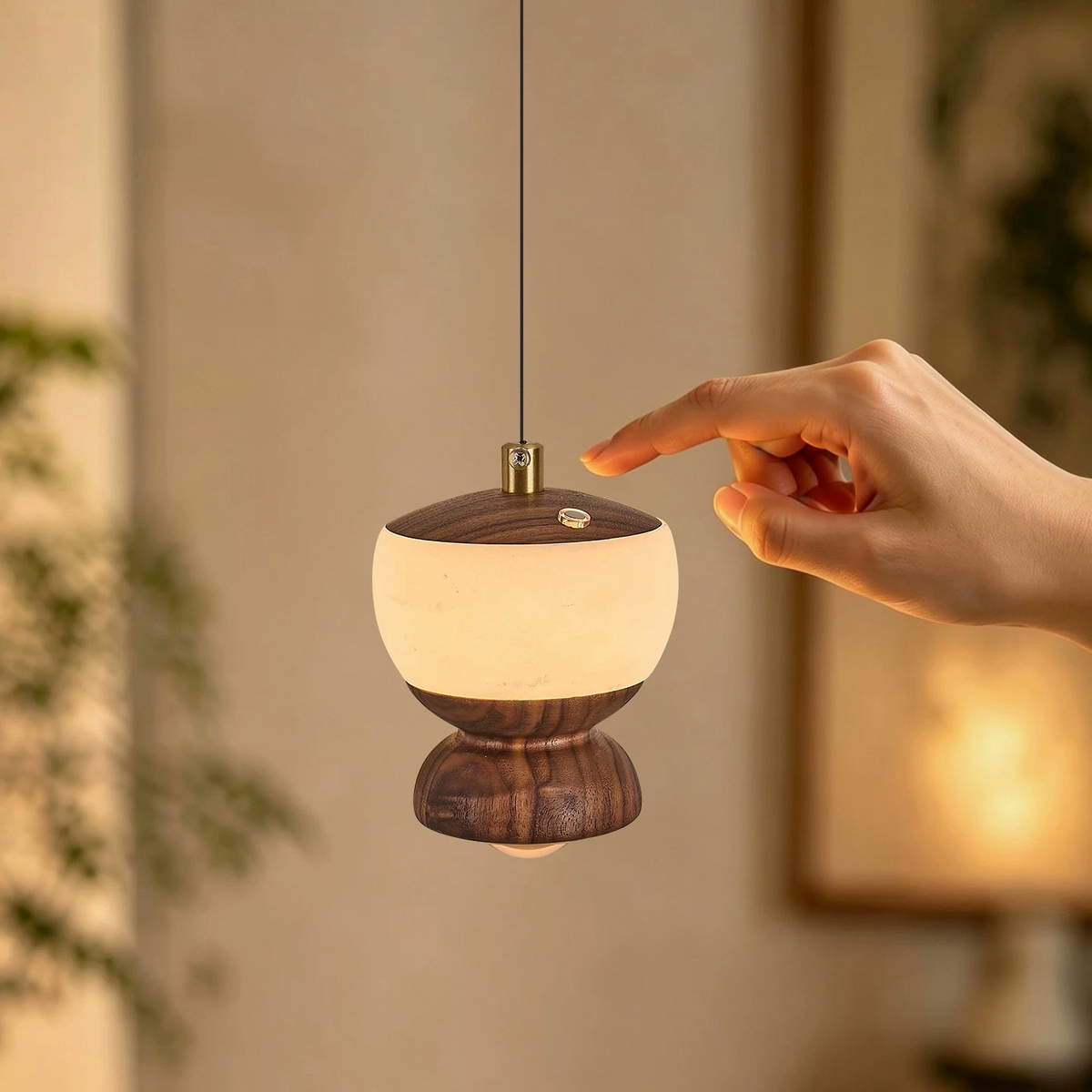 Touch-dimming walnut mini pendant light with frosted glass shade