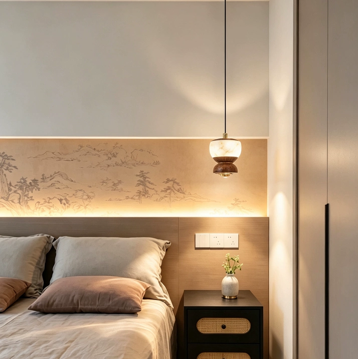 Walnut mini pendant light with frosted glass shade and slender cord