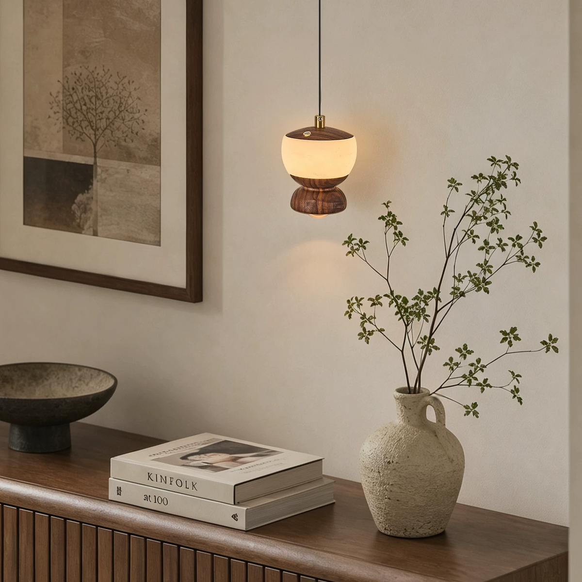 Walnut mini pendant light with frosted glass globe shade