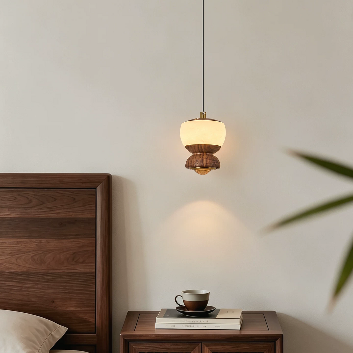 Walnut mini pendant light with frosted glass shade