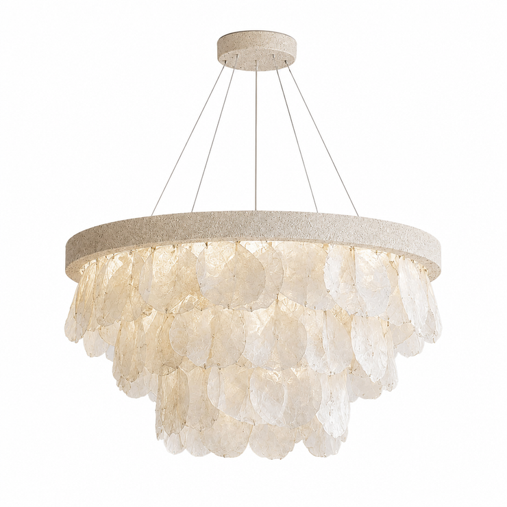 Layered shell chandelier with round canopy and cream shell disc shade