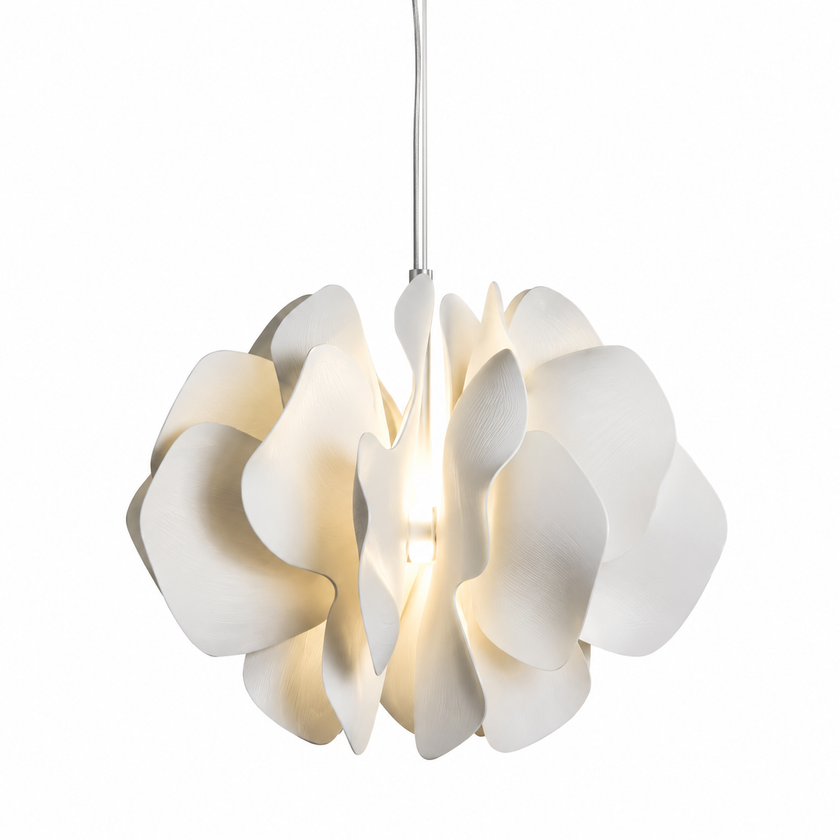 Ceramic petal chandelier pendant with multiple curved white petal shades and warm light