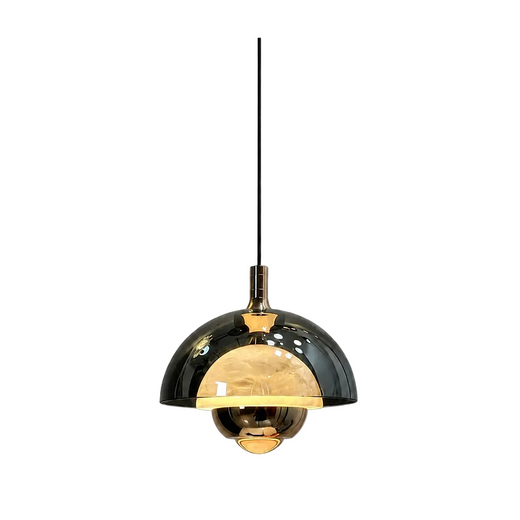 Single alabaster-glass pendant light with bronze finish and round dome shade