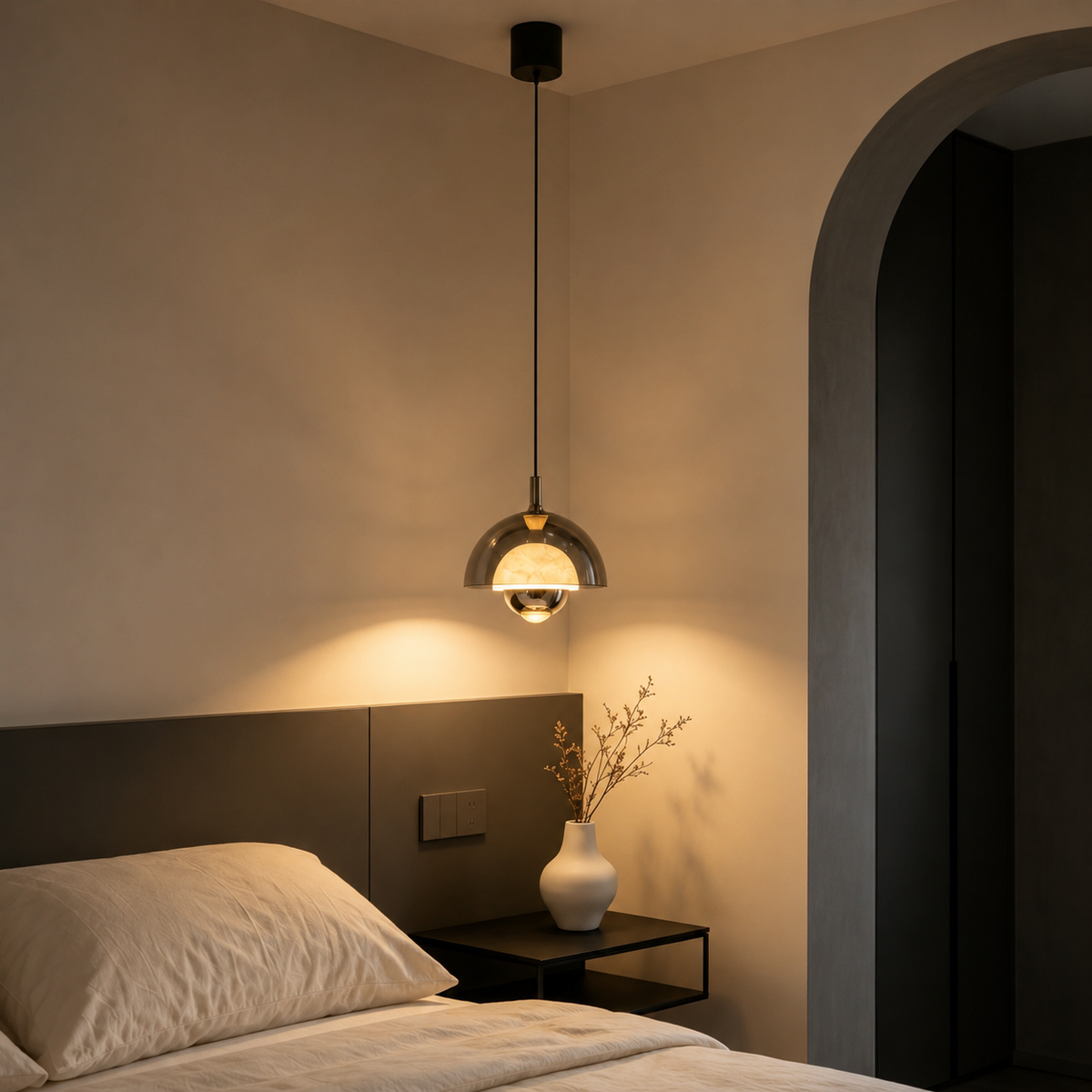 One bronze pendant light with curved glass shade and single exposed bulb