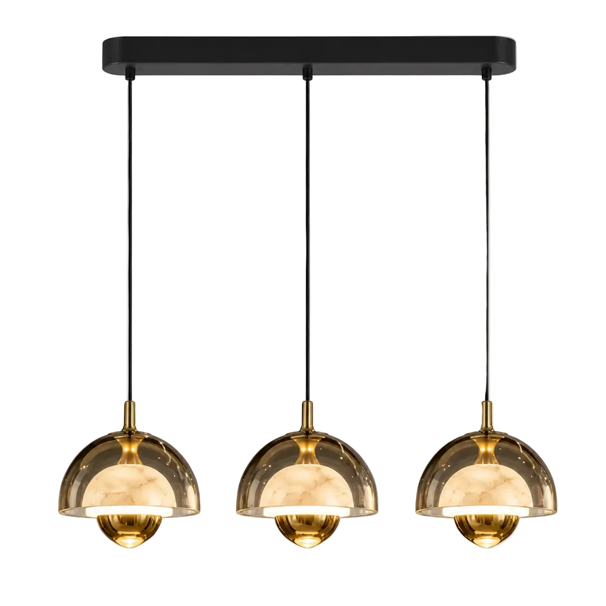 Three-light bronze pendant set with curved glass dome shades and black ceiling bar