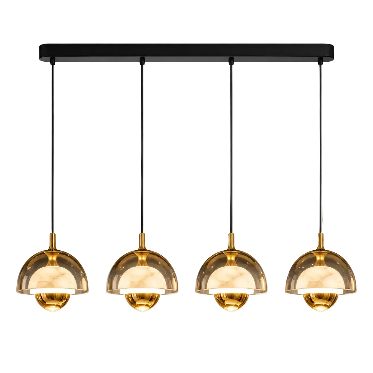 Four-light bronze pendant set with curved glass dome shades and black ceiling bar