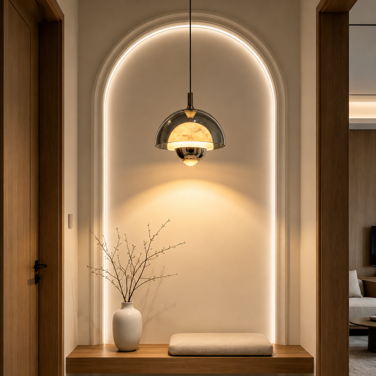 Single bronze pendant light with arched glass dome shade