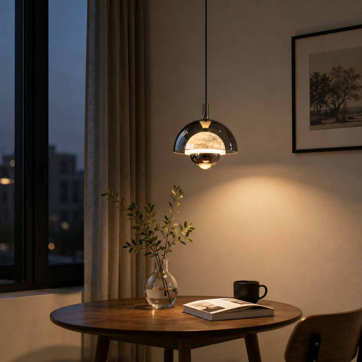 Single bronze pendant light with curved glass dome shade