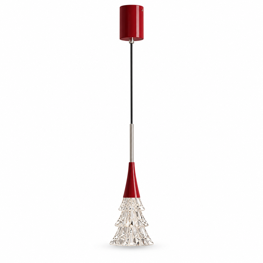 Ruby red rise-and-fall pendant light with crystal tree diffuser, hanging on cord