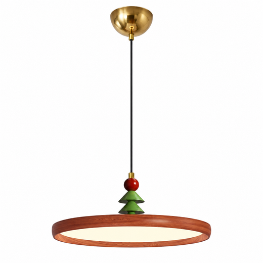 Gold ceiling canopy disc pendant light with wood ring and pine-tree topper
