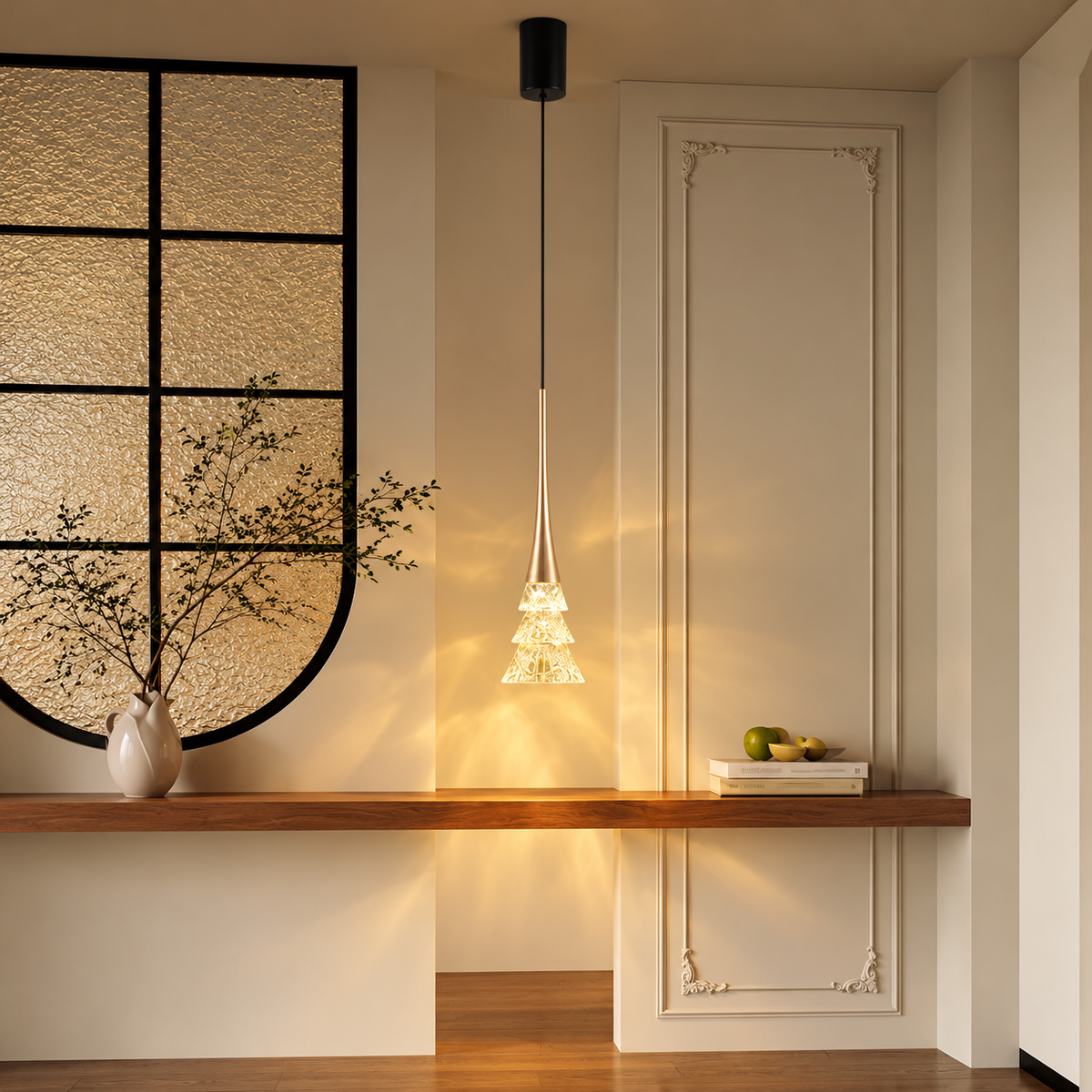 Matte black rise-and-fall pendant light with lit crystal tree shade