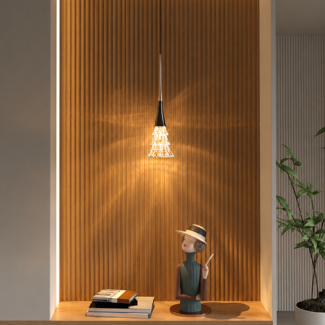 Matte black pendant light with crystal tree shade, warm glow