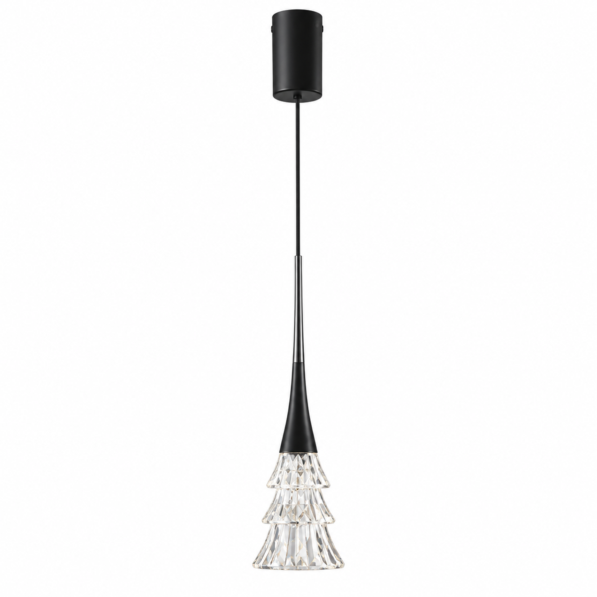 Matte black rise-and-fall pendant light with faceted crystal glass shade