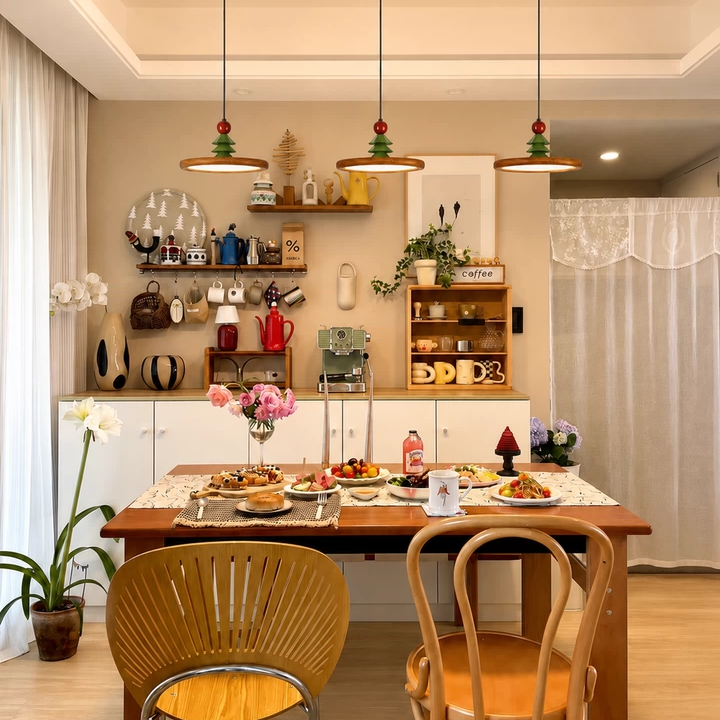 Disc pendant lights with wood rings, pine-tree ornaments and red bead accents