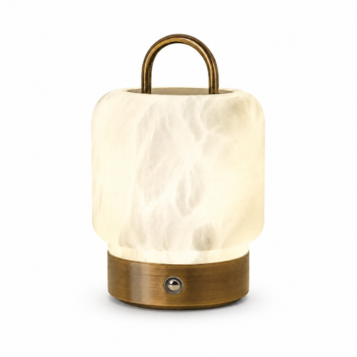 Cordless table lamp with translucent cream alabaster shade and brass base, arched handle
