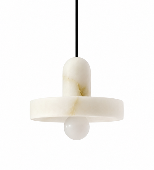 Alabaster pendant light with cylindrical shade, horizontal crossbar, and globe bulb