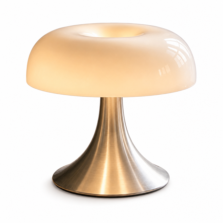 Noma mushroom glass table lamp with amber dome shade and brushed metal base