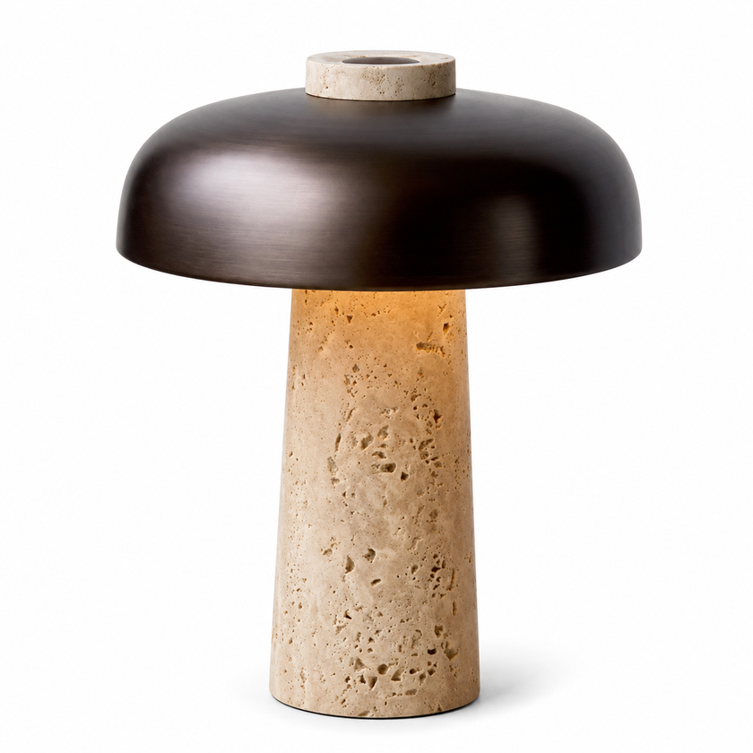 Noma travertine mushroom table lamp with dark bronze dome shade and beige stone base