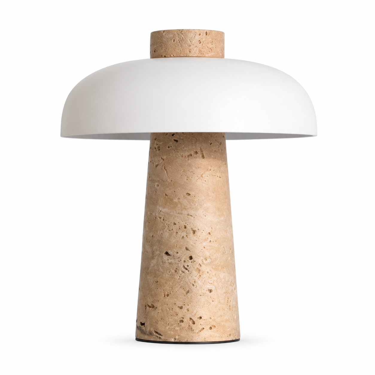 Noma travertine mushroom table lamp with white dome shade and beige stone column base