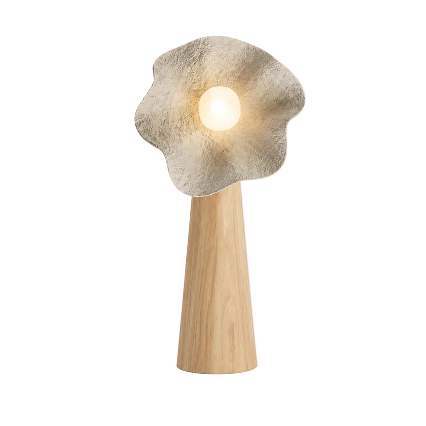Mushroom floor lamp with wood column and textured washi-style shade, lit bulb