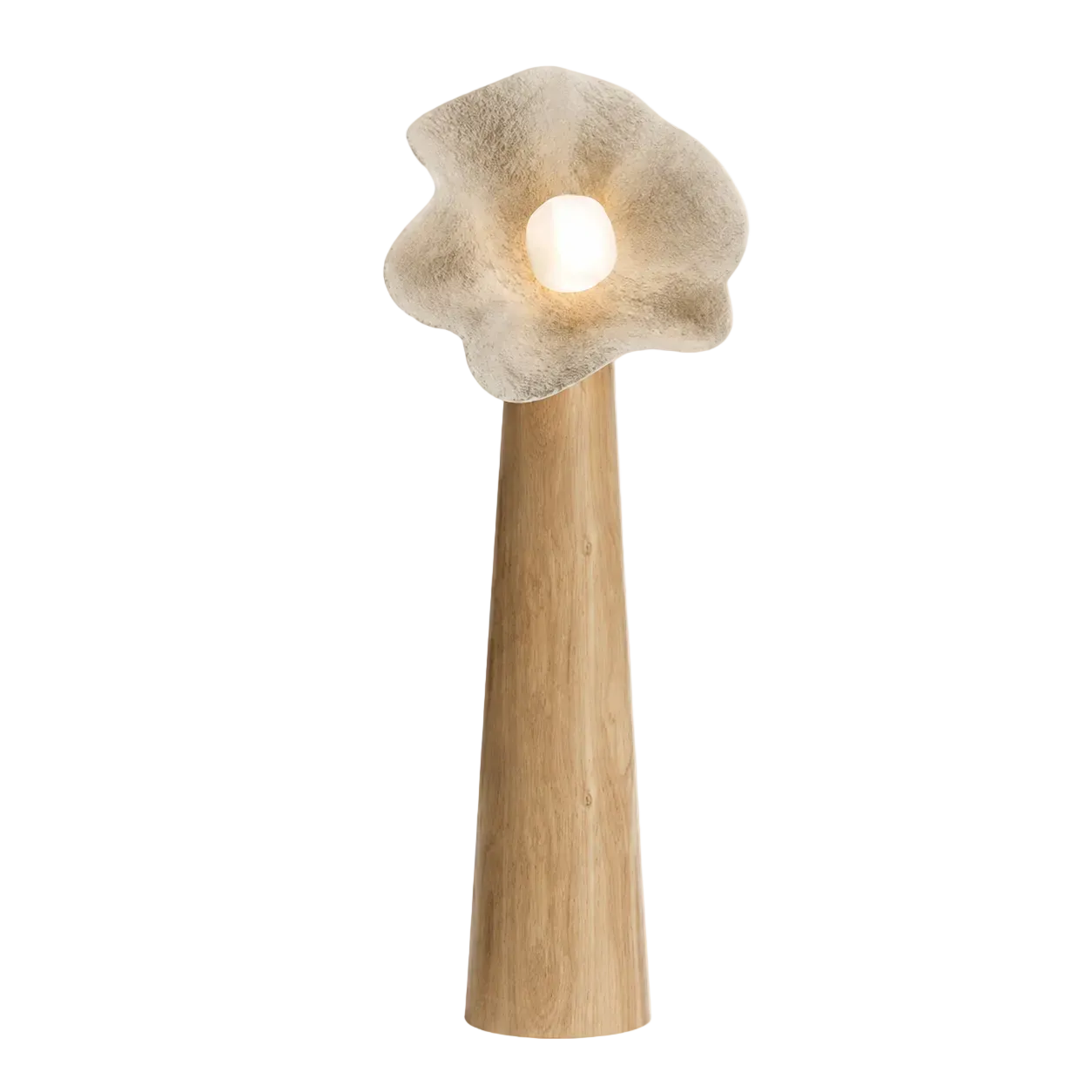 Mushroom floor lamp with wood column and textured washi-style shade, glowing bulb