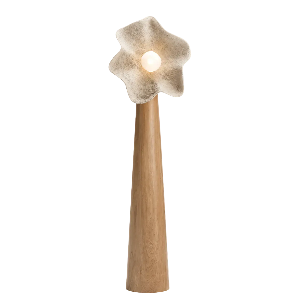 Mushroom floor lamp with small textured shade and glowing bulb atop tall wood column