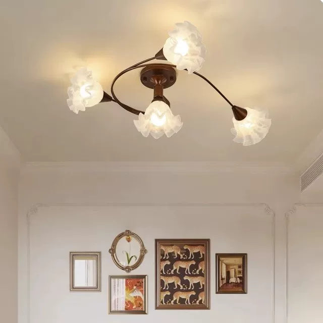 Coffee-brown semi-flush chandelier with floral branch arms and frosted flower bulbs