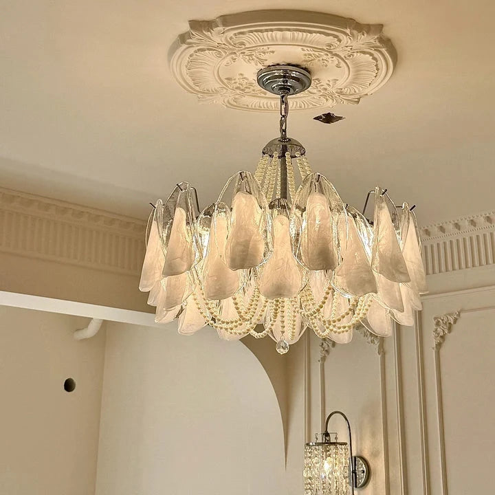 Murano Petal & Pearl chandelier ceiling-mounted with clear petal glass shades and pearl bead trim