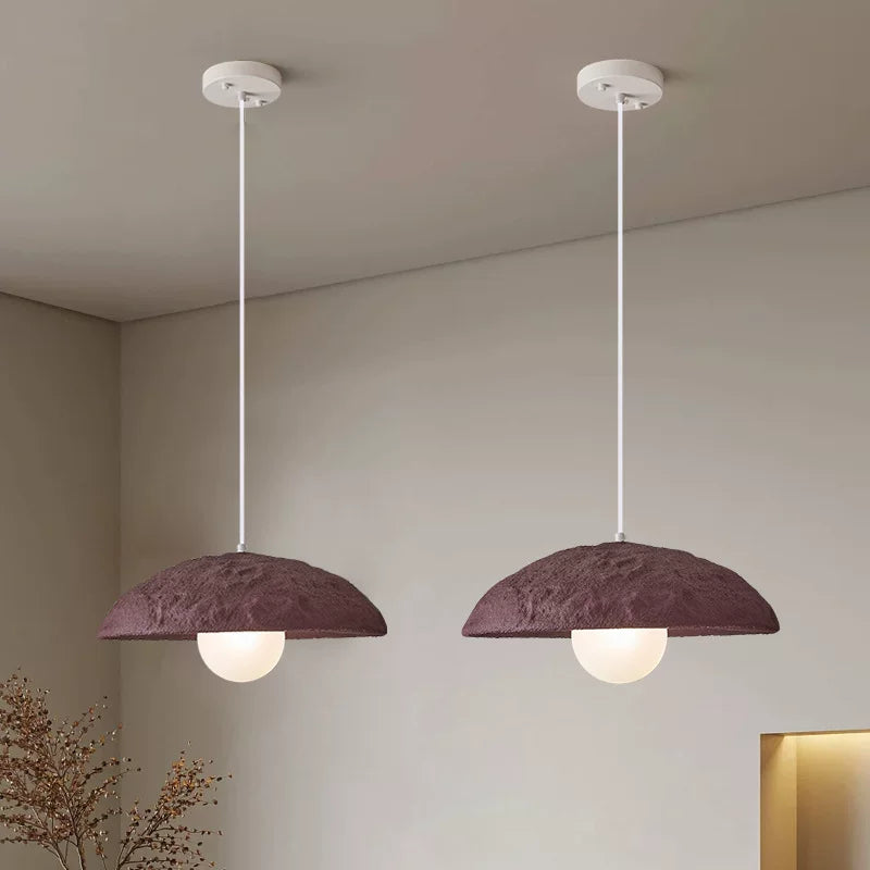 Wine red dome pendant light pair with fabric dome shades and white canopies