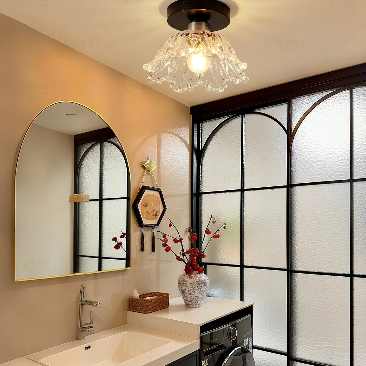 Semi-flush ceiling light with clear petal glass shade and warm amber bulb