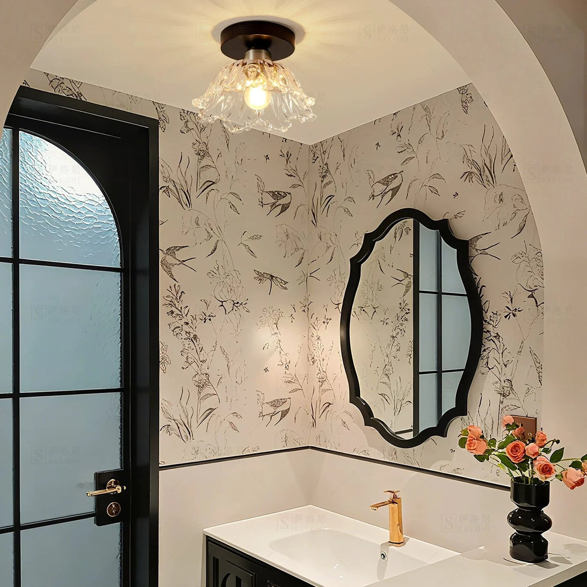 Semi-flush ceiling light with clear petal glass shade and dark metal canopy