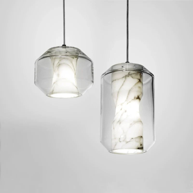 Solene alabaster and glass pendant light with faceted clear shade pair