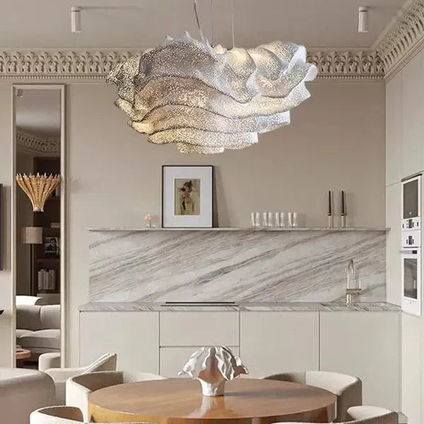 Cloud-shaped pendant light with textured silver-white cloud diffuser shade