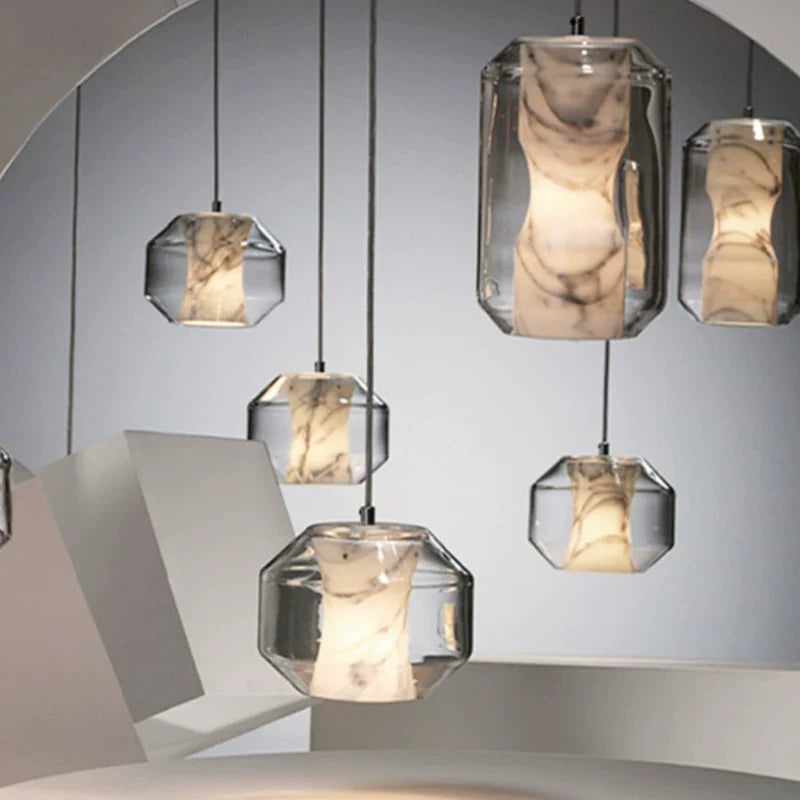 Solene alabaster and glass pendant light set with multiple clear faceted shades