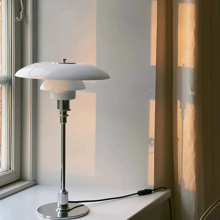 White dome glass table lamp with two-tone layered dome shades and chrome stand