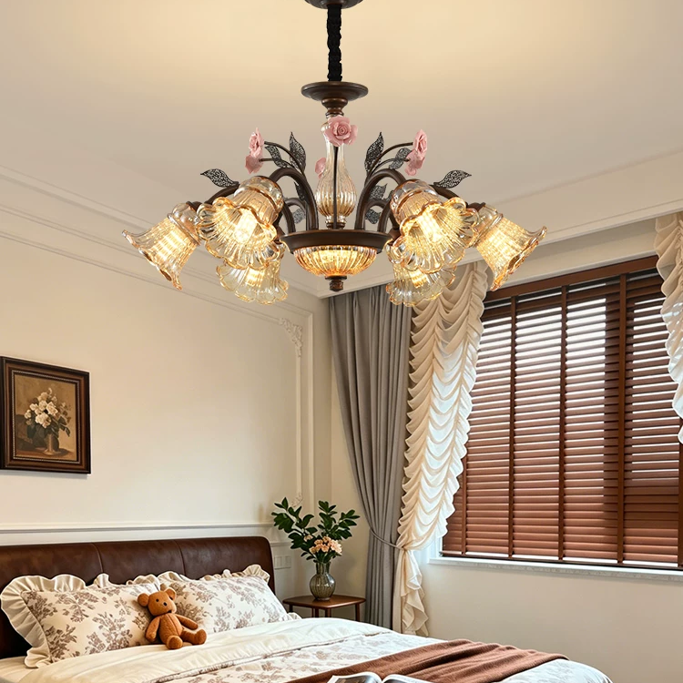 American vintage rose blossom chandelier overhead view with bronze stem and pink rose ornaments