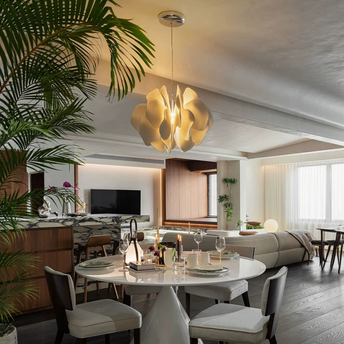 Nightbloom ceramic petal chandelier with glowing white ceramic petal shades, ceiling-hung