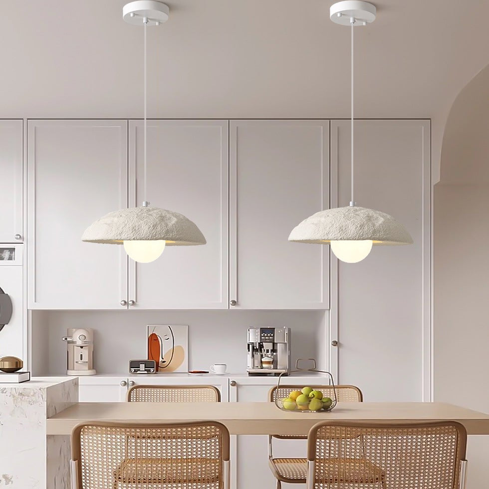 Ivory dome pendant light set of two with textured beige shades and round ceiling canopies