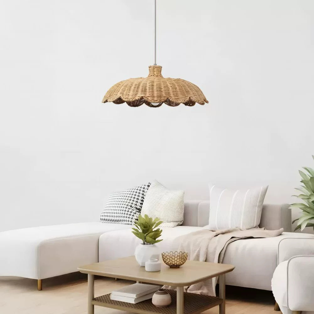 Caleta woven rattan pendant light with small scalloped shade and exposed bulb