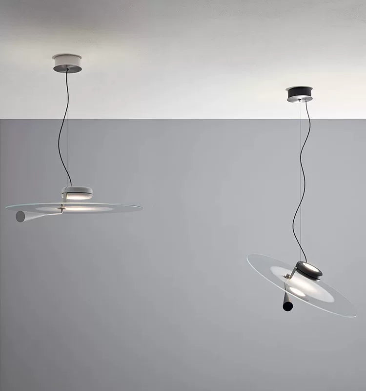 Set of hanging counterbalance pendant lights with wide frosted glass shades