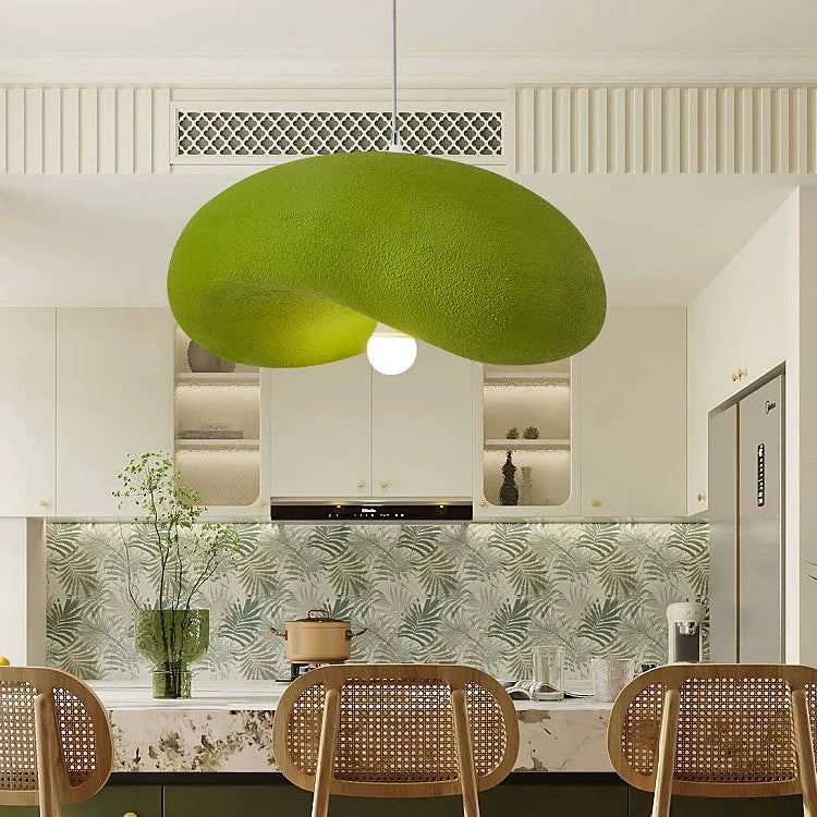 Green organic disc pendant light with soft fabric shade and ceiling hanging cord