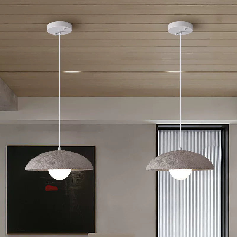 Stone gray dome pendant light with fabric shade and white ceiling canopy
