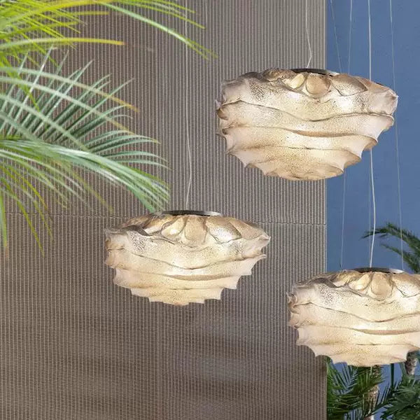 Three cloud pendant lights with speckled cream textured shades
