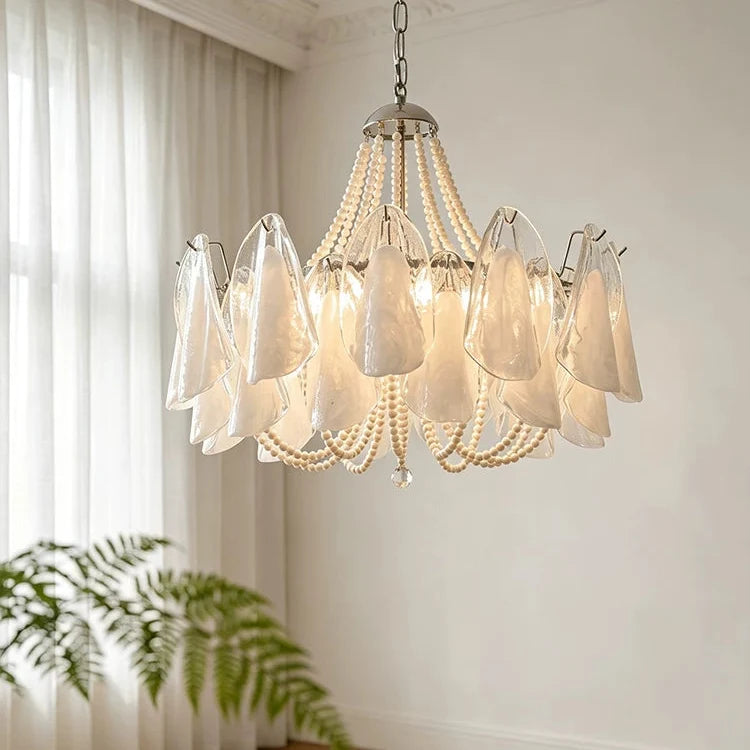 Murano Petal & Pearl chandelier with multiple clear glass petal shades and pearl bead fringe