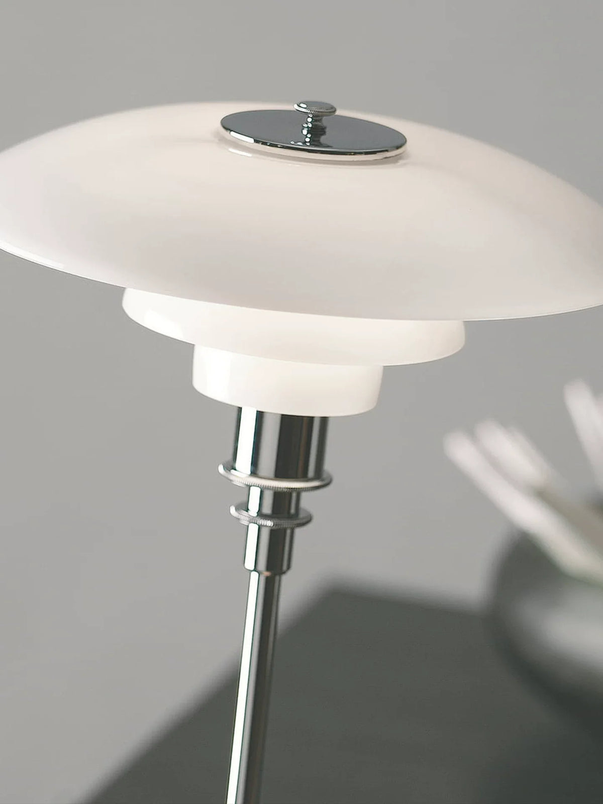 White dome glass table lamp top with layered dome shade and chrome cap