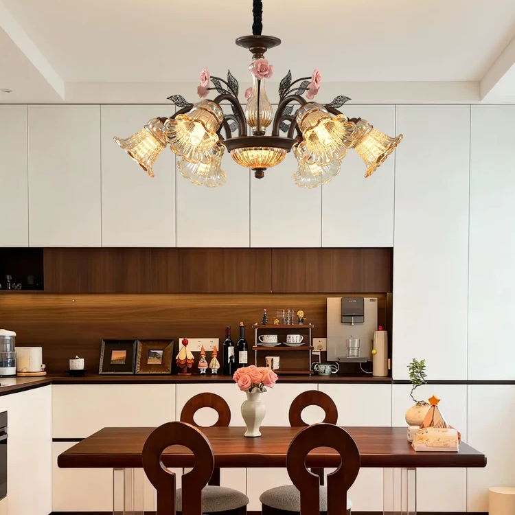 American vintage rose blossom chandelier with bronze frame, pink rose details, and multiple glass shades