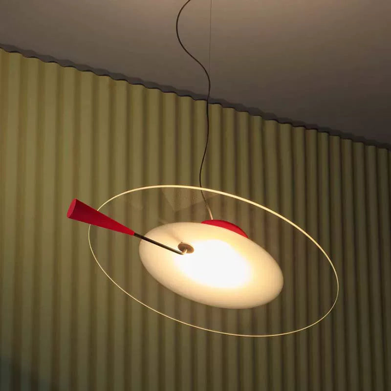Red-canopy counterbalance pendant with wide frosted glass shade and red pull weight