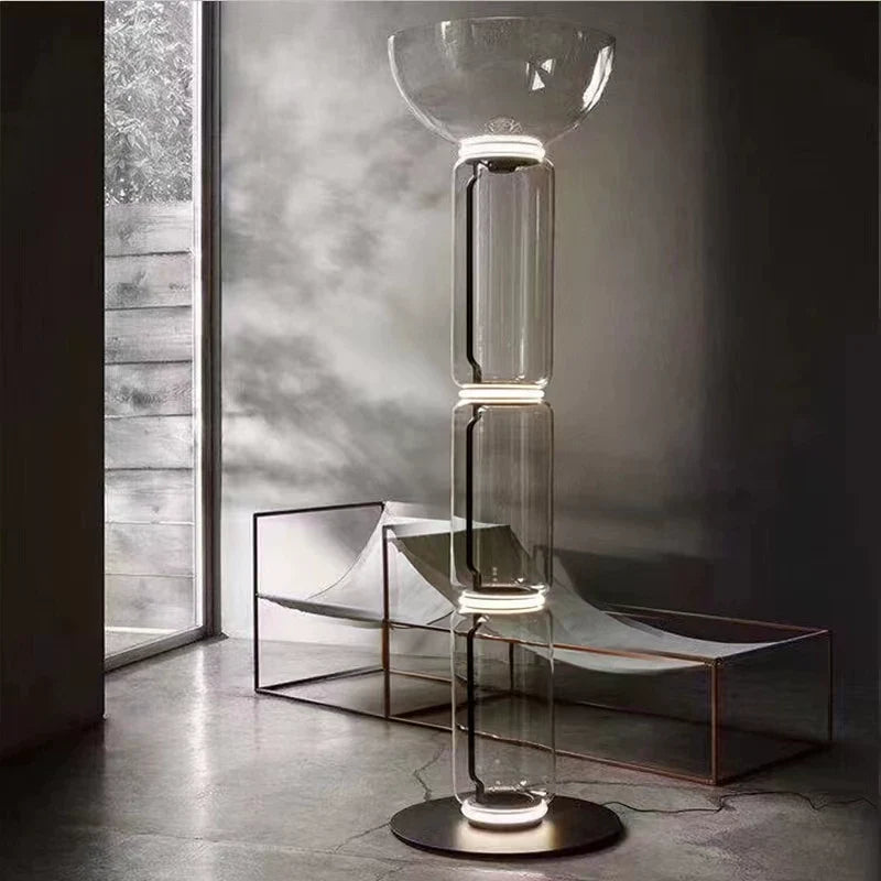 Luma Arco glass floor lamp with stacked clear glass column and round base