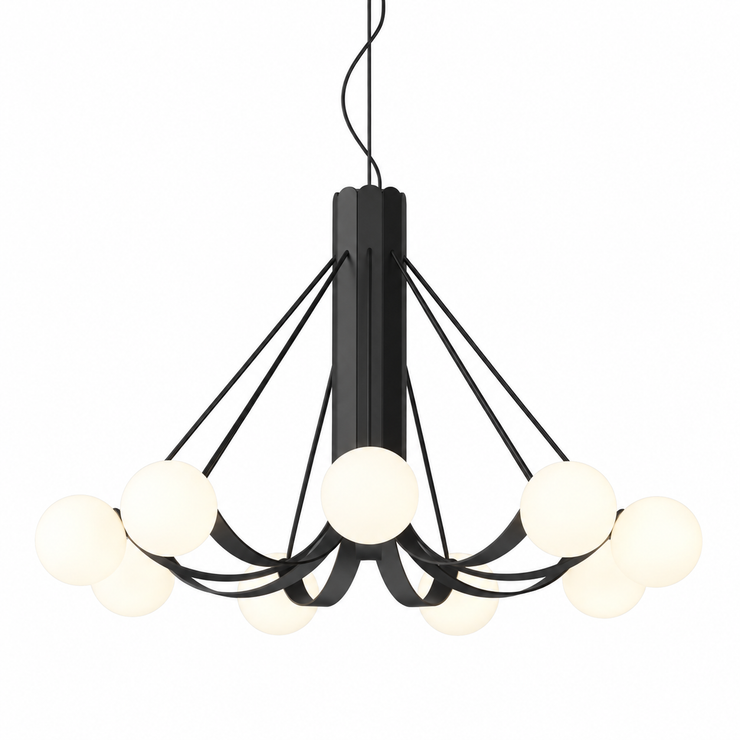 Black multi-arm pendant chandelier featuring nine frosted globe lights with thin cords.