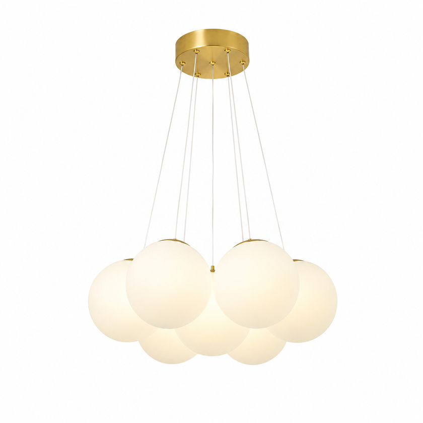 Multi-arm globe chandelier with gold round canopy and frosted spherical glass shades